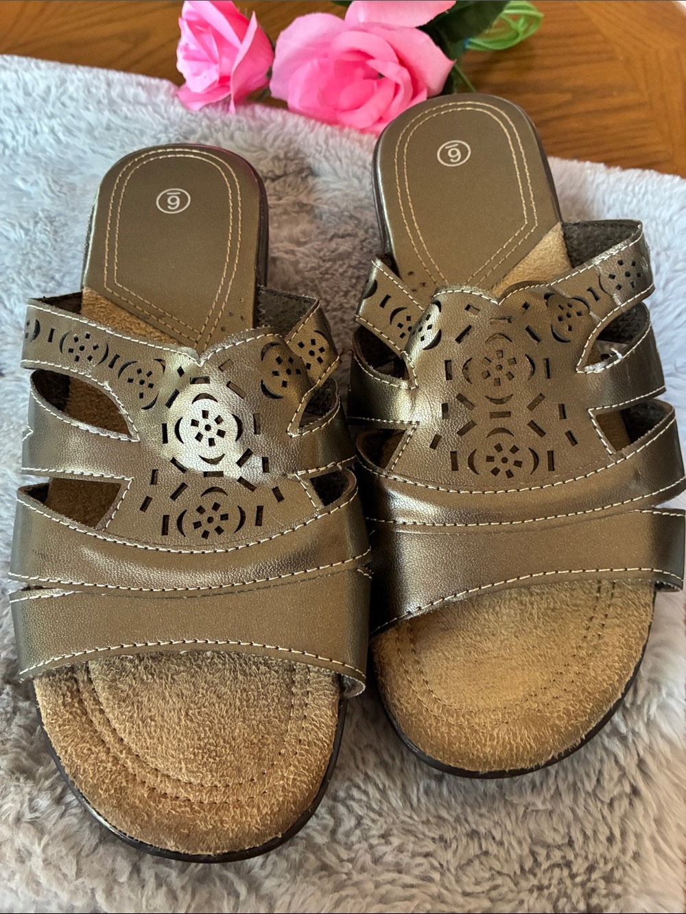 Clarks Metallic Bronze Laser-Cut Slide Sandals